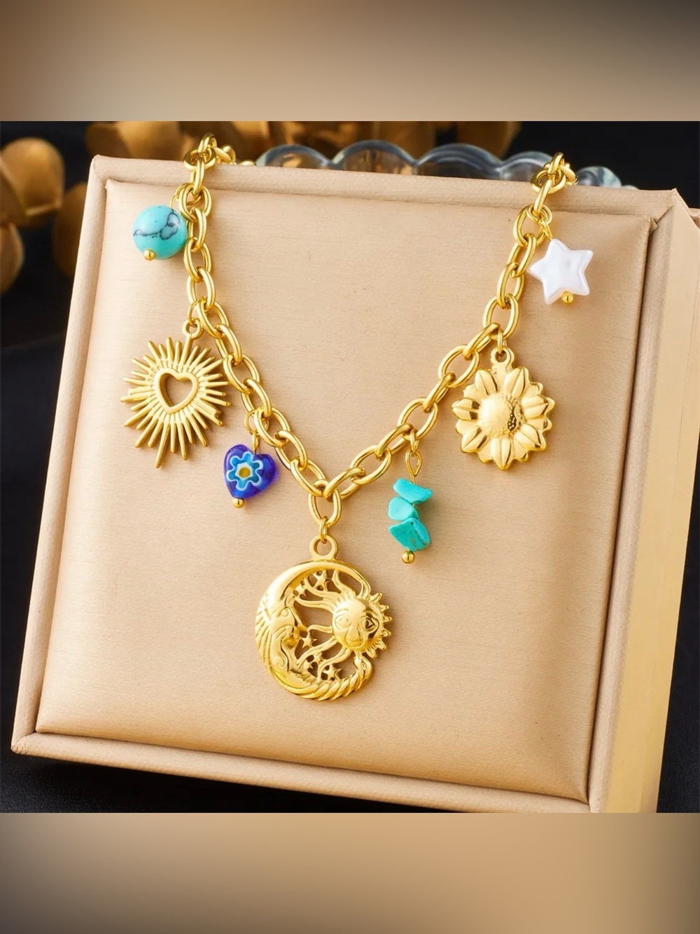 Gold Sun & Charm Turquoise Multicolor Pendant Necklace - Women Jewelry